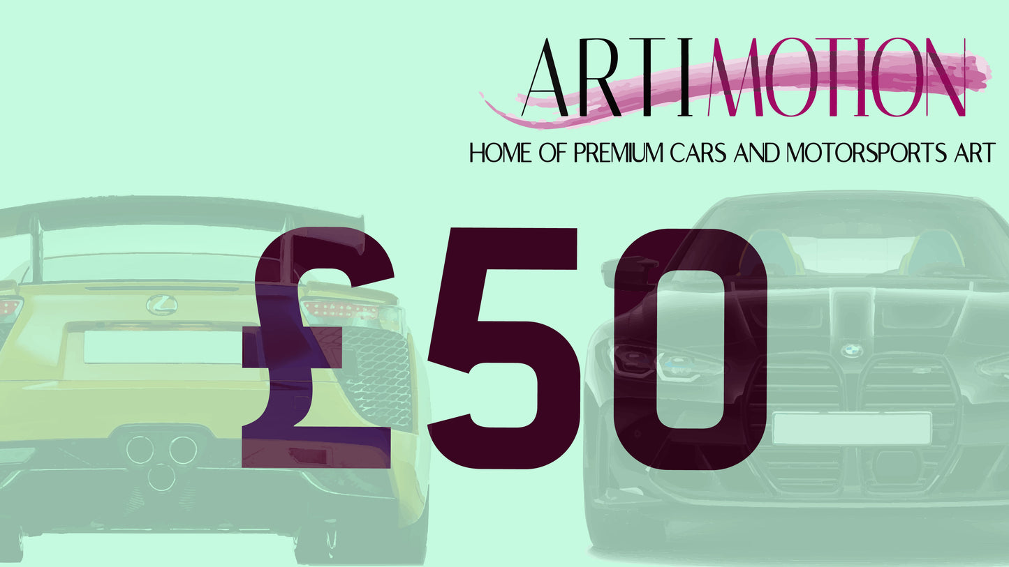 Gift card for premium framed wall art of cars and motorsports. Partner and husband gifts. Cars. Artimotion.