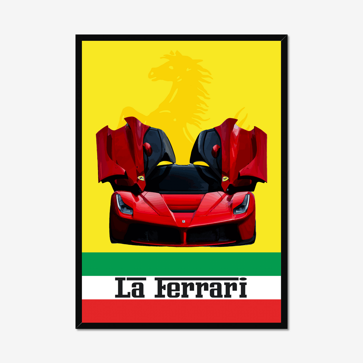 Large black-framed LaFerrari portrait on a pale background