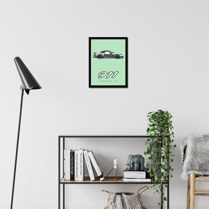 Porsche 911 Turbo S print above a living-room shelf