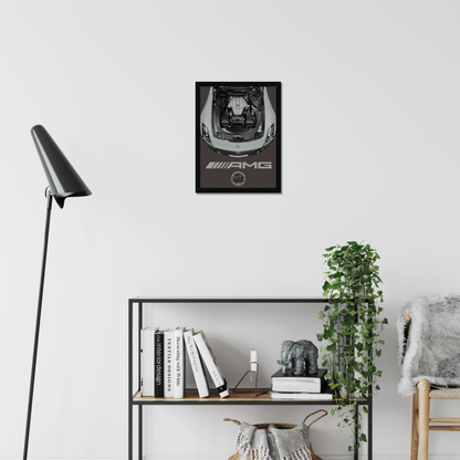Small SLS engine-bay artwork above a living-room shelf