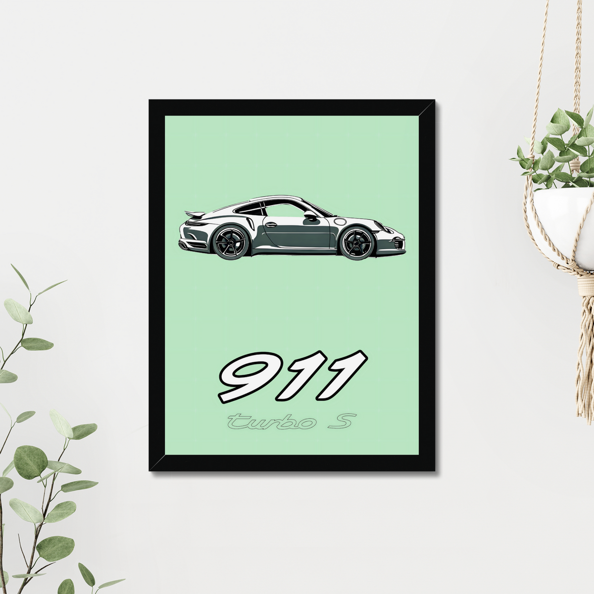 Mint-green Porsche 911 artwork with leafy room decor