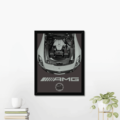 SLS engine-bay print displayed beside books and a plant