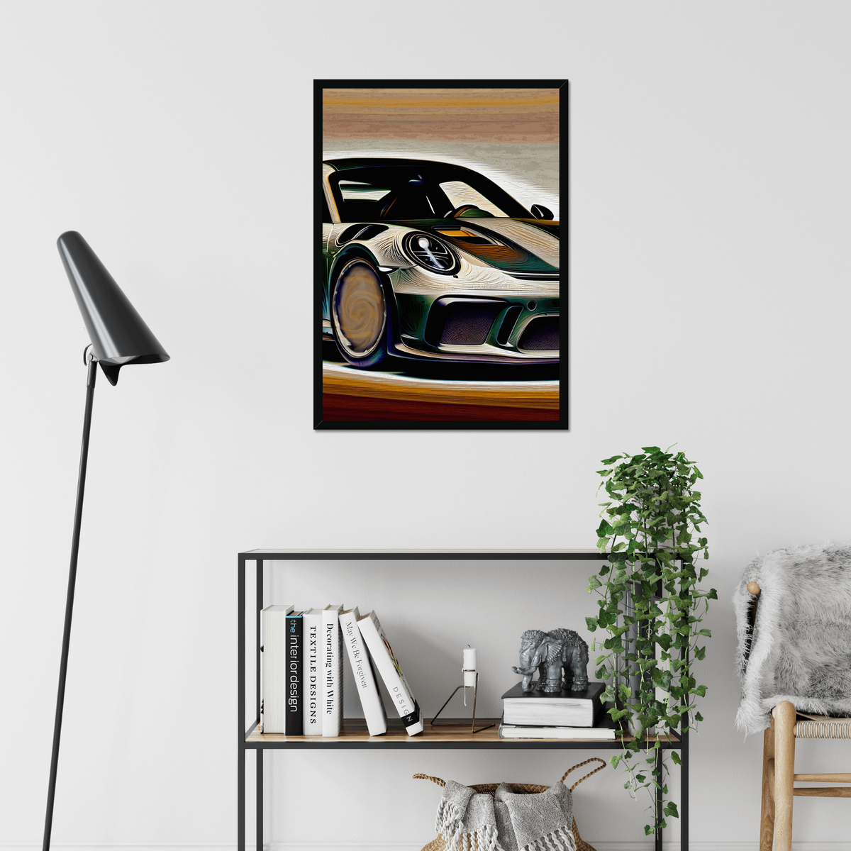 Porsche 911 portrait above a shelf and floor lamp