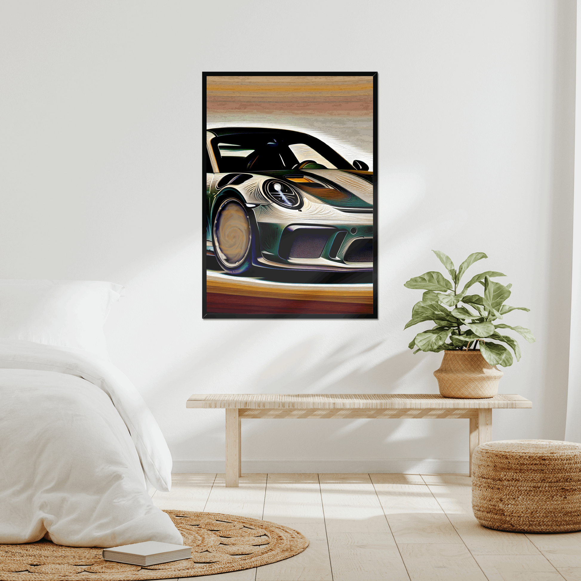 Porsche 911 abstract print displayed in a bright bedroom