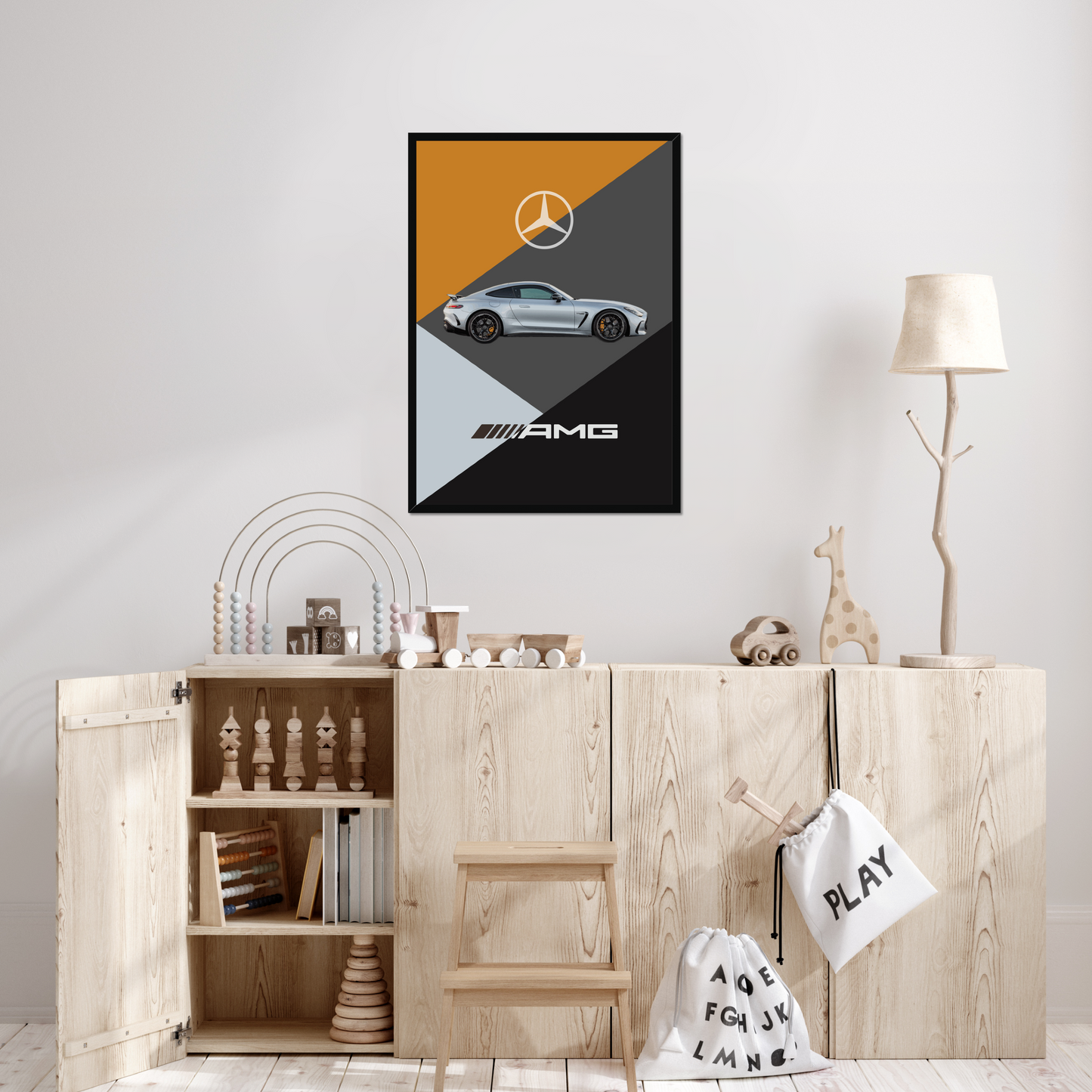 Mercedes-AMG GT print displayed above playroom cabinets