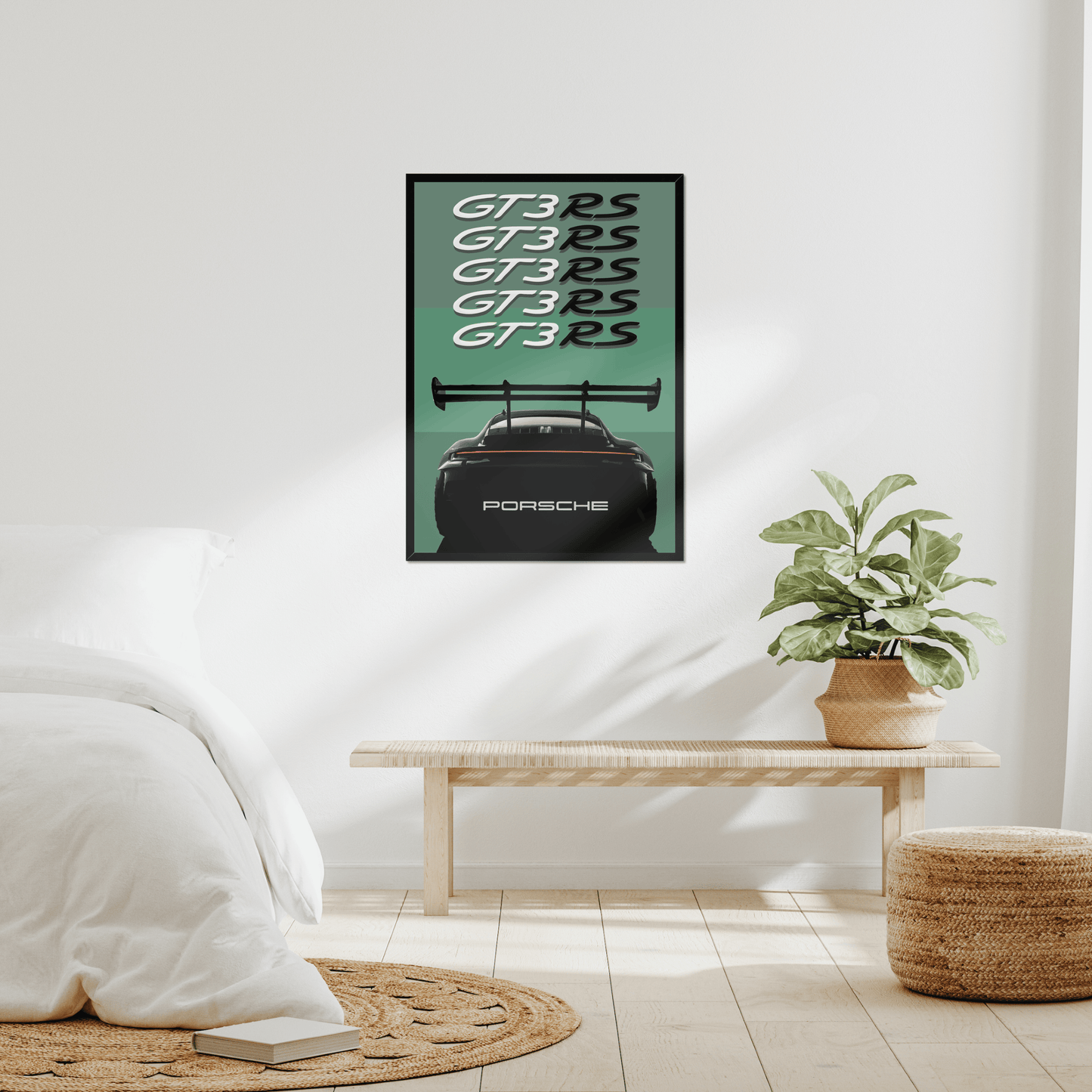 Porsche 911 GT3 RS print displayed in a bright bedroom
