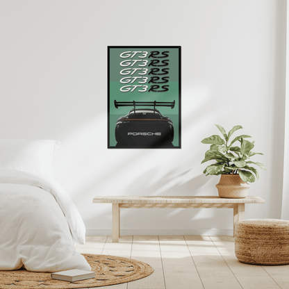 Porsche 911 GT3 RS print displayed in a bright bedroom