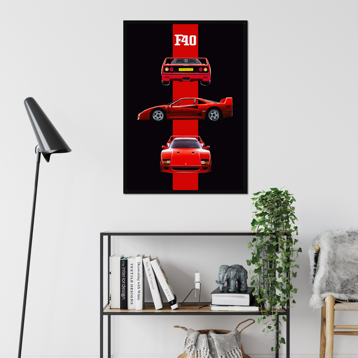 Black-framed Ferrari F40 artwork above a modern shelf