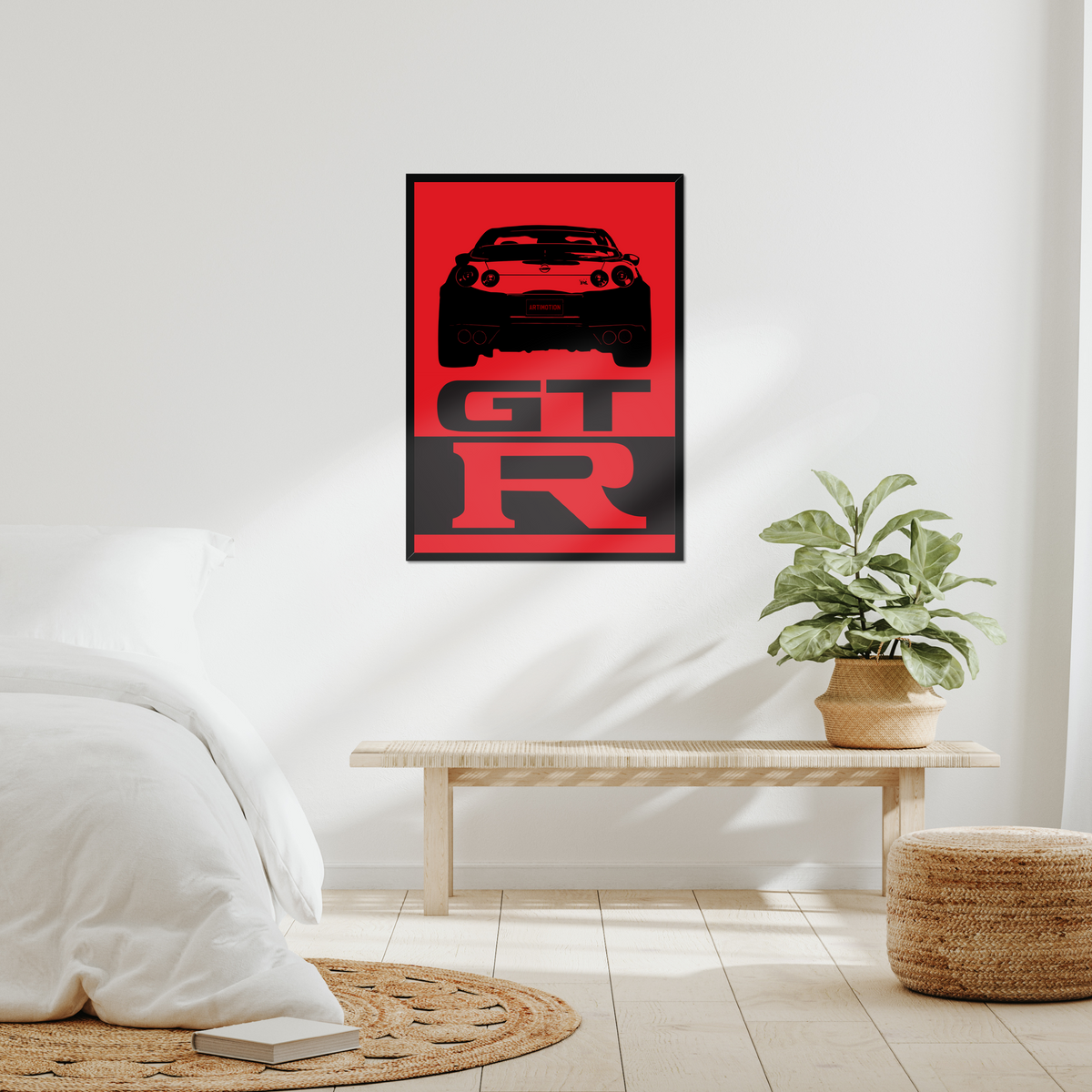 Nissan GT-R R35 artwork displayed in a bright bedroom