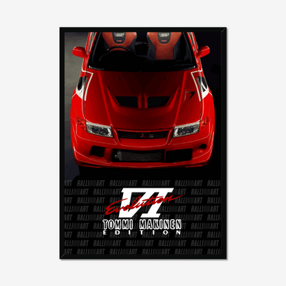 Red Evo VI and Tommi Makinen lettering in a slim black frame
