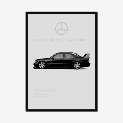 Tall black-framed Mercedes 190E Evo II artwork