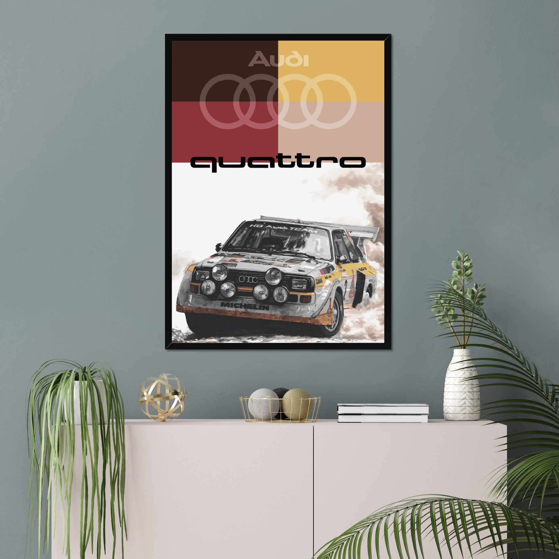 Audi Quattro rally artwork above plants and a console
