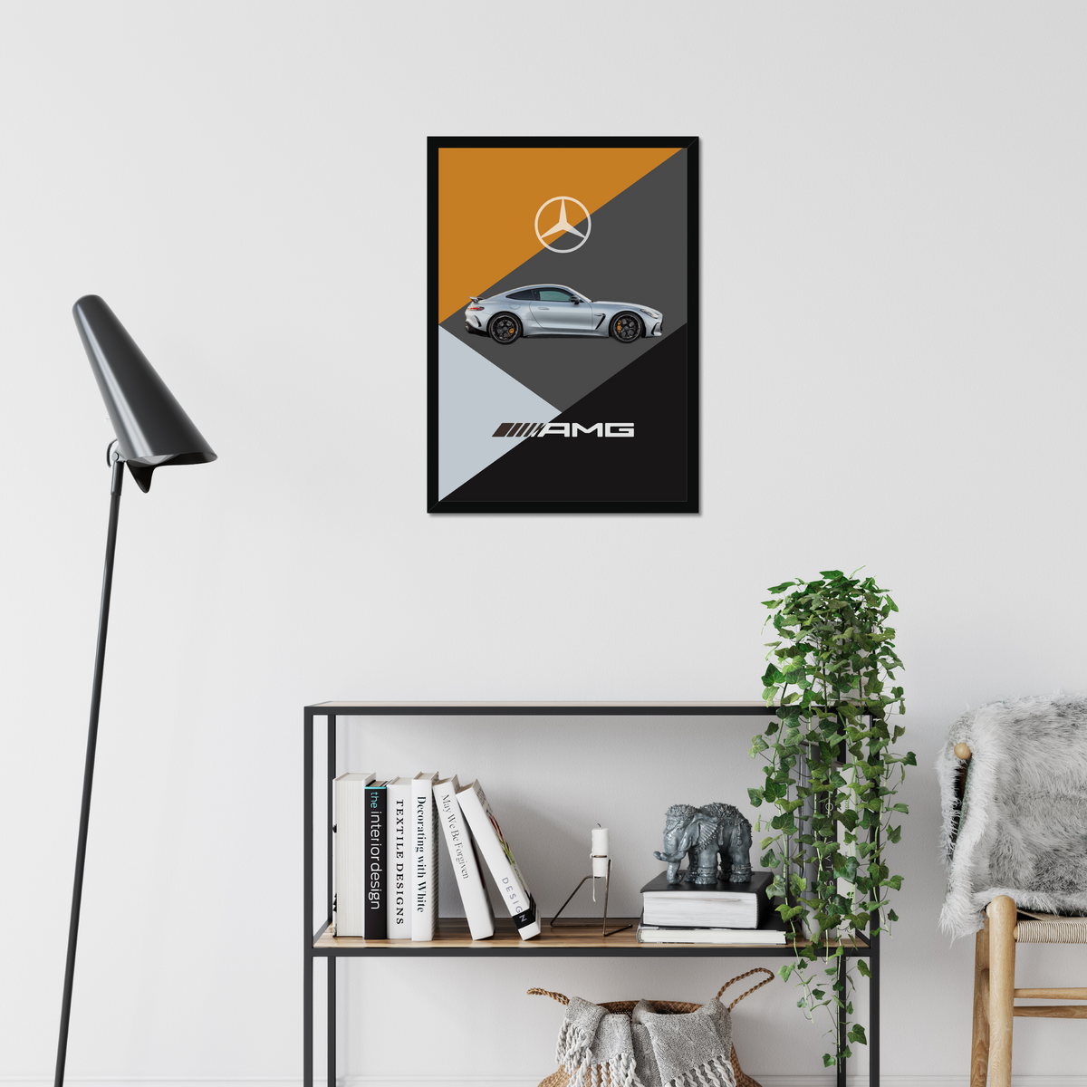 Mercedes-AMG GT artwork above a living-room shelf