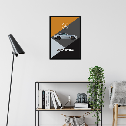 Mercedes-AMG GT artwork above a living-room shelf