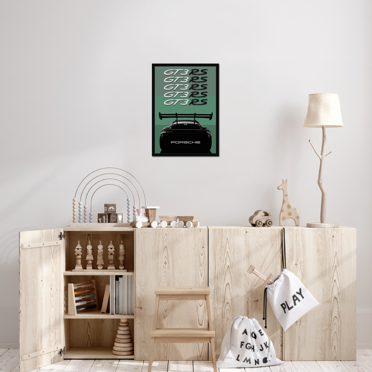 Porsche 911 GT3 RS artwork above playroom cabinets