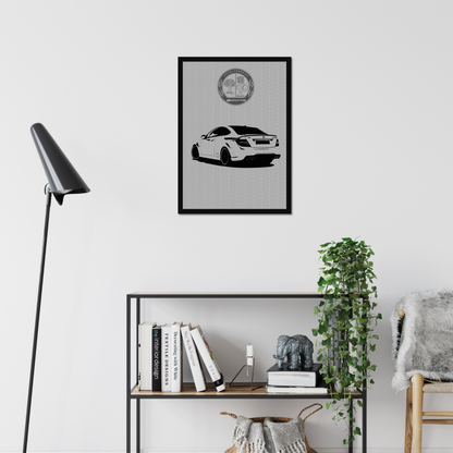 AMG sedan black-framed print above a shelving unit
