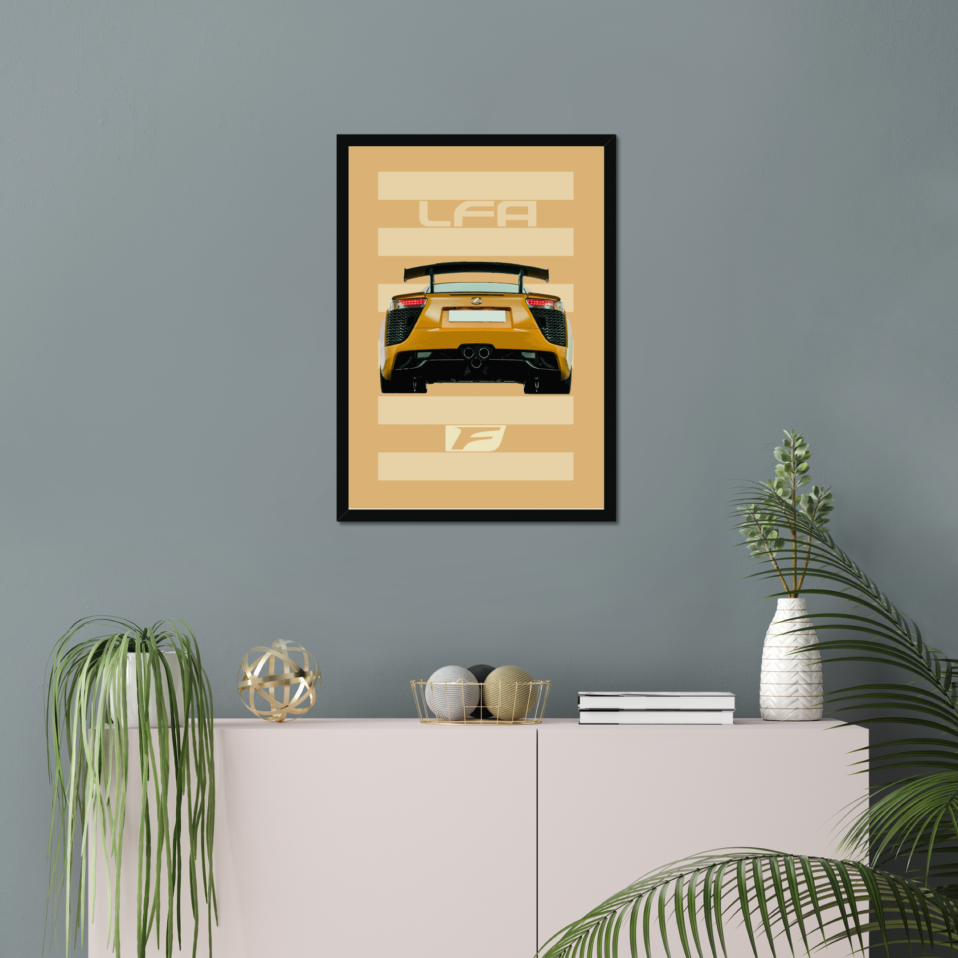 Lexus LFA rear-view print above plants and a console