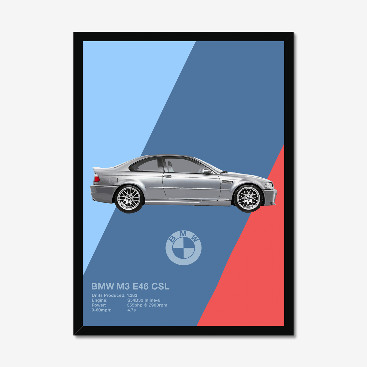 Silver BMW M3 E46 CSL side-profile art in a black frame