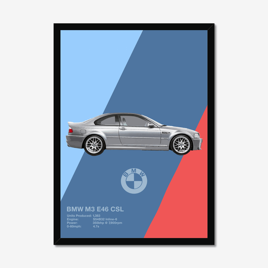 Silver BMW M3 E46 CSL side-profile art in a black frame
