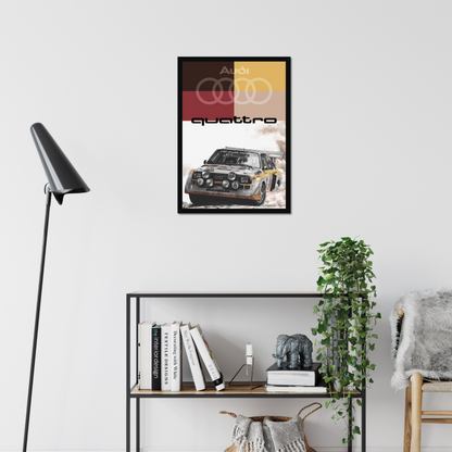 Audi Quattro rally print above a living-room shelf