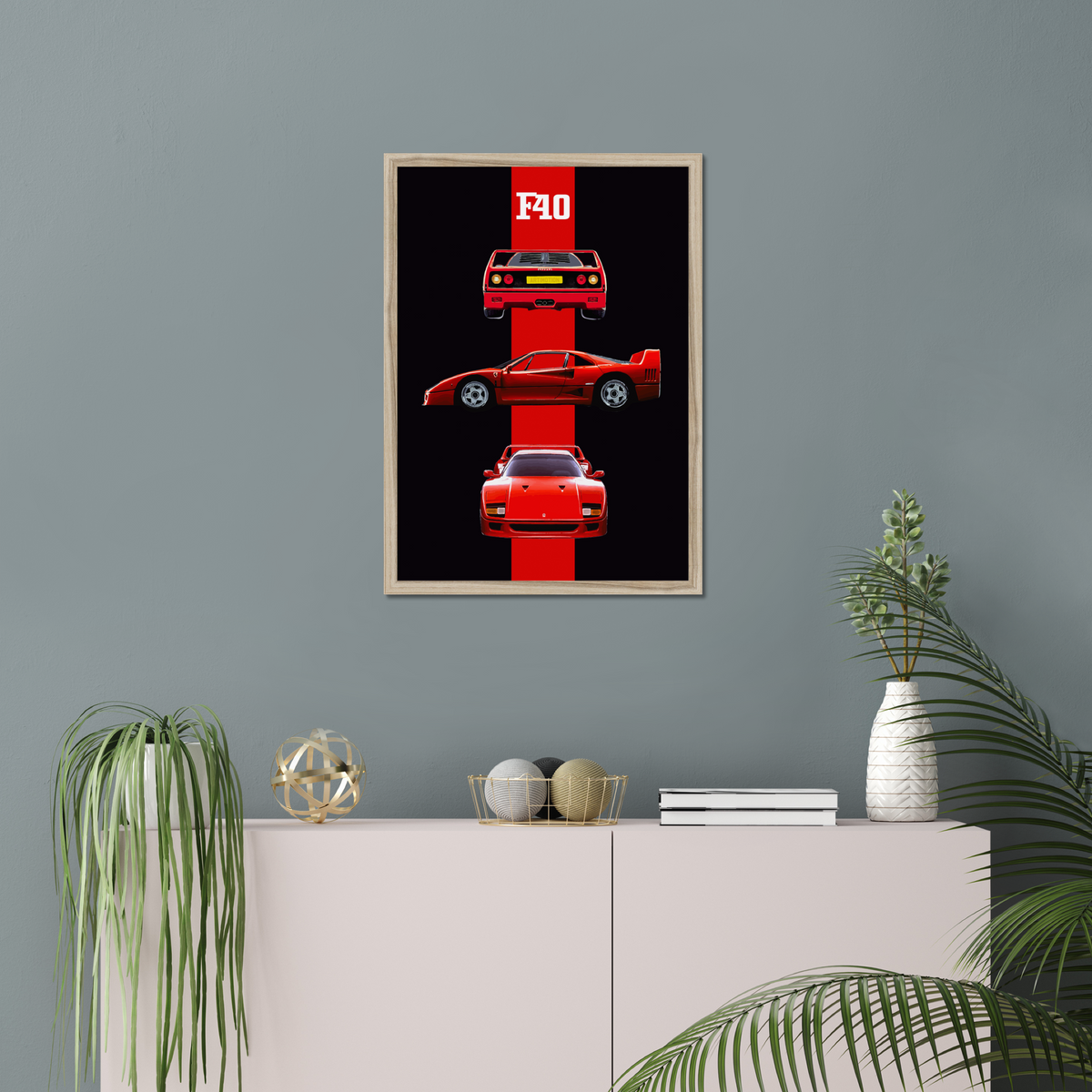 Natural-framed Ferrari F40 artwork above a pale cabinet