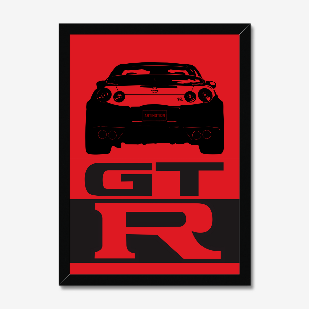 Black-framed Nissan GT-R R35 rear-view artwork in red