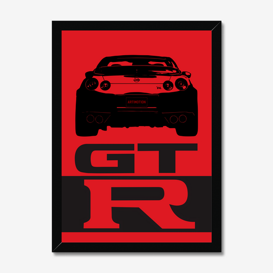 Black-framed Nissan GT-R R35 rear-view artwork in red