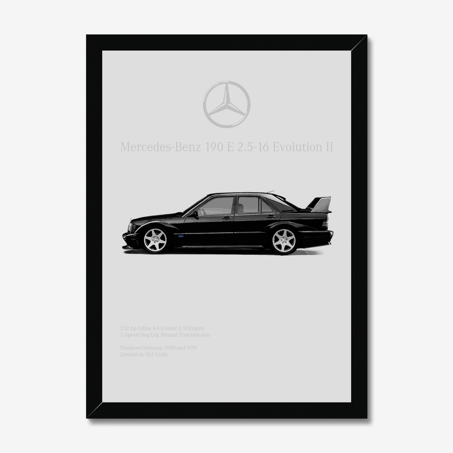 Black-framed Mercedes 190E Evo II side-profile artwork