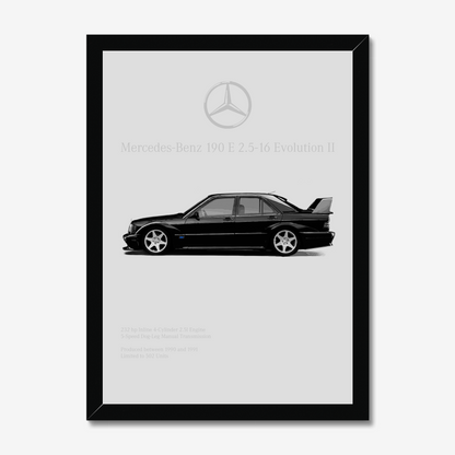 Black-framed Mercedes 190E Evo II side-profile artwork