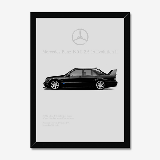 Black-framed Mercedes 190E Evo II side-profile artwork
