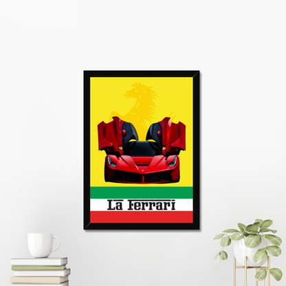 Black-framed LaFerrari artwork beside books and greenery