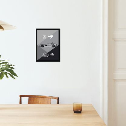 Black-framed Mercedes SLR McLaren artwork in a bright dining space