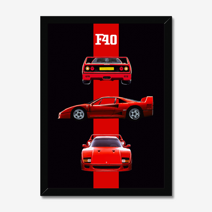 Black-framed Ferrari F40 portrait with a subtle right shadow