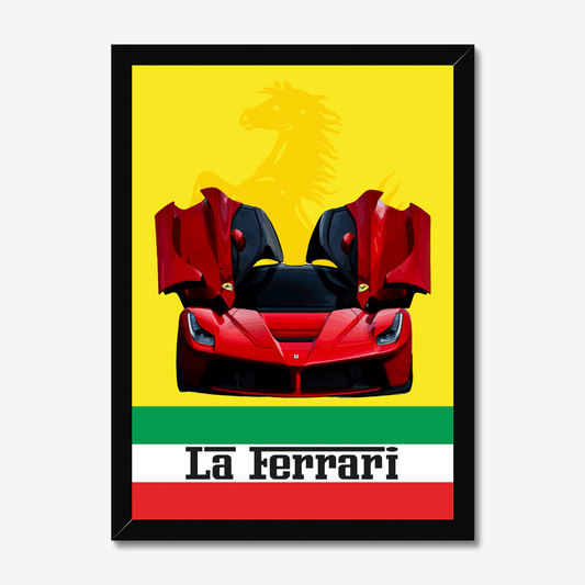 Red LaFerrari artwork with raised doors in a black frame