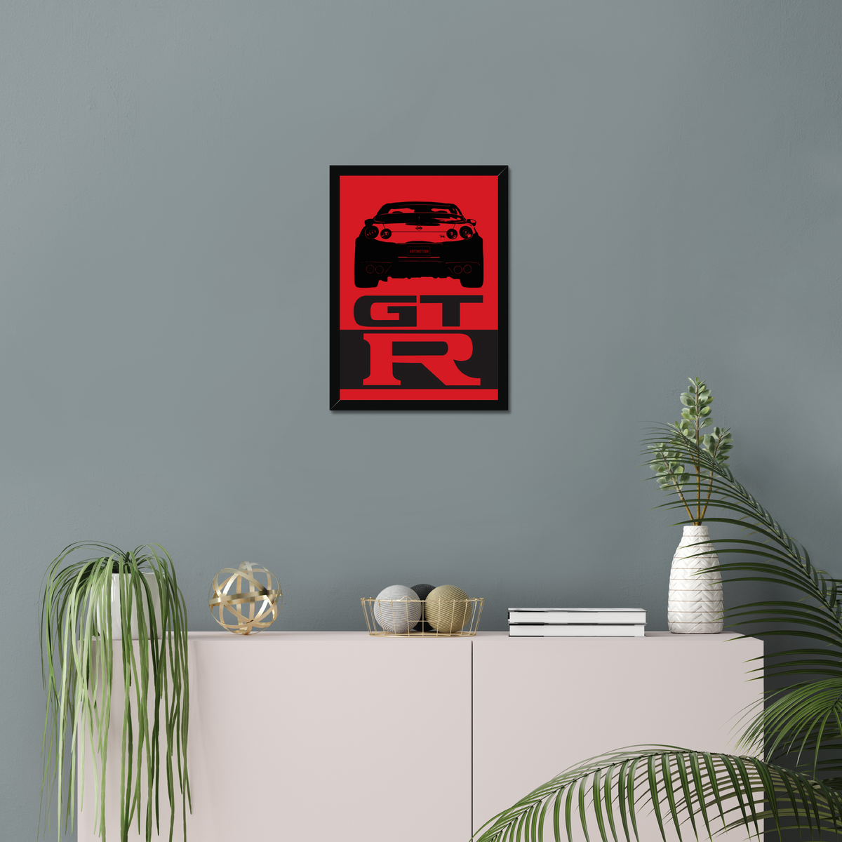 Nissan GT-R R35 print above plants and a console