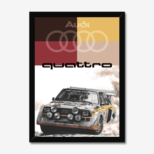 Black-framed Audi Quattro rally car artwork