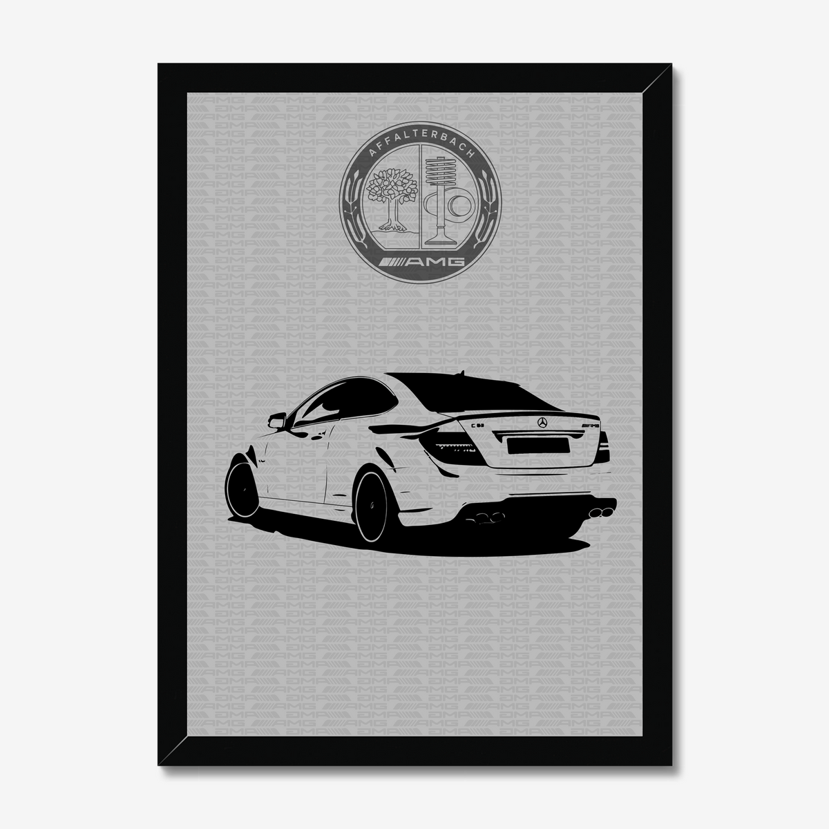 AMG sedan rear-view artwork in a black frame