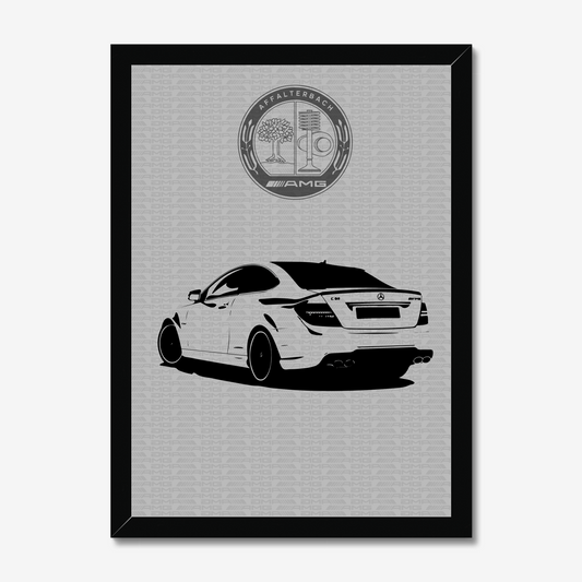 AMG sedan rear-view artwork in a black frame