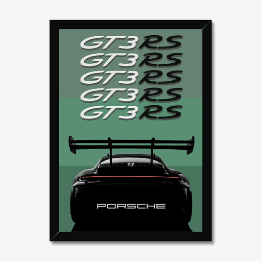 Black-framed Porsche 911 GT3 RS rear-view artwork
