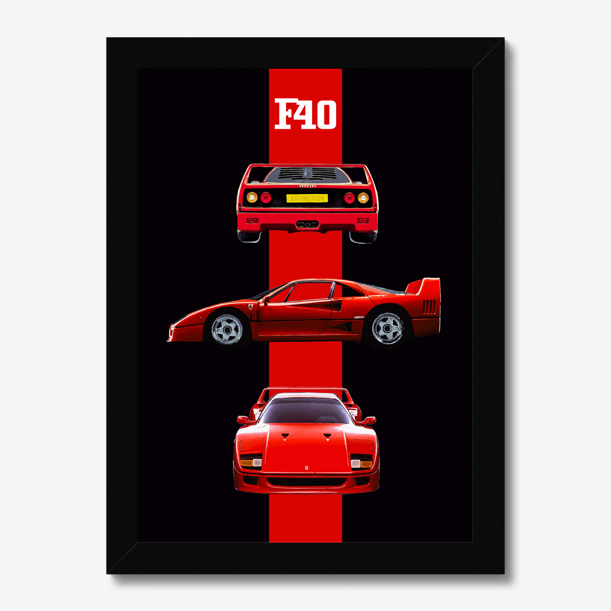 Compact black-framed Ferrari F40 three-view print