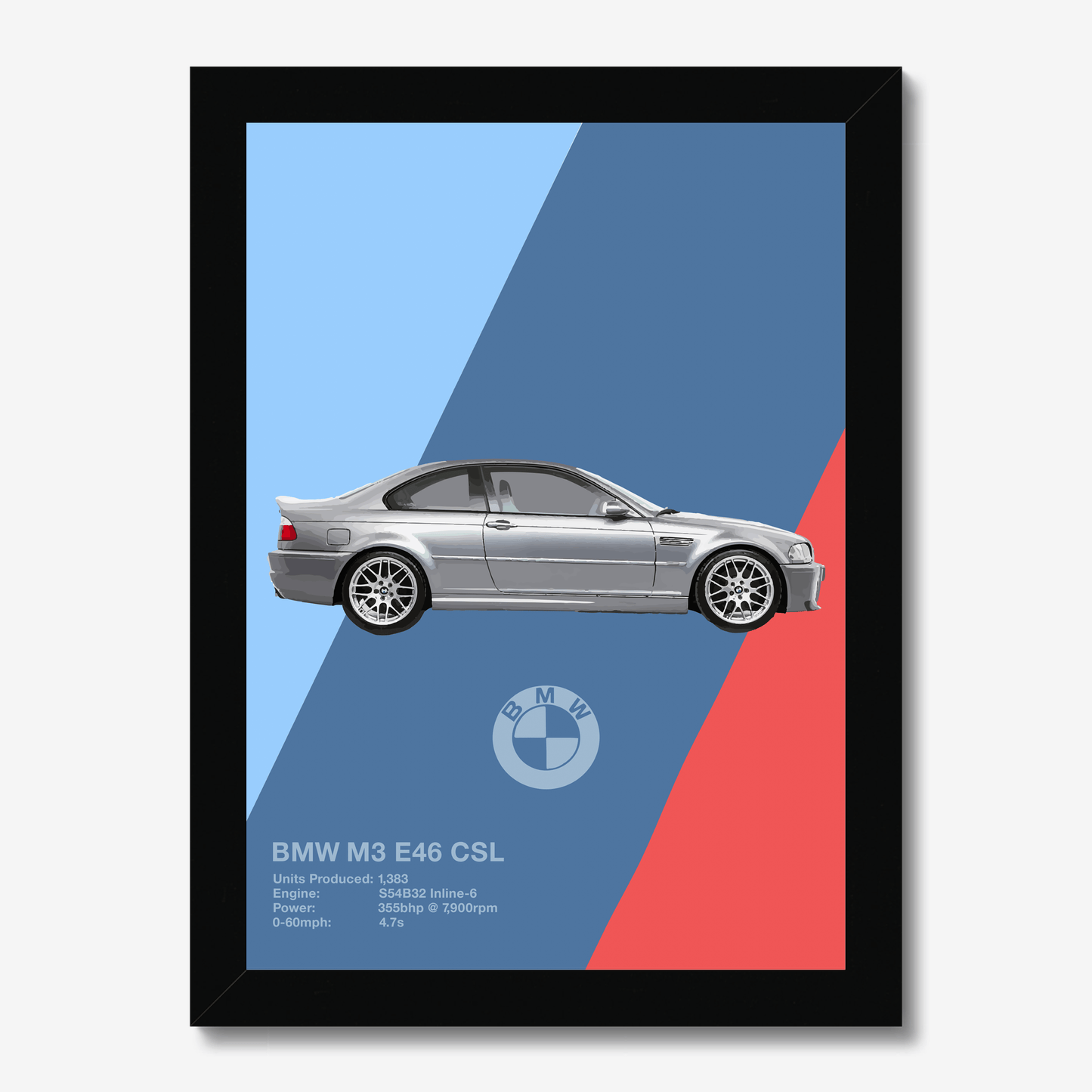 BMW M3 E46 CSL blue and red artwork in a deep black frame