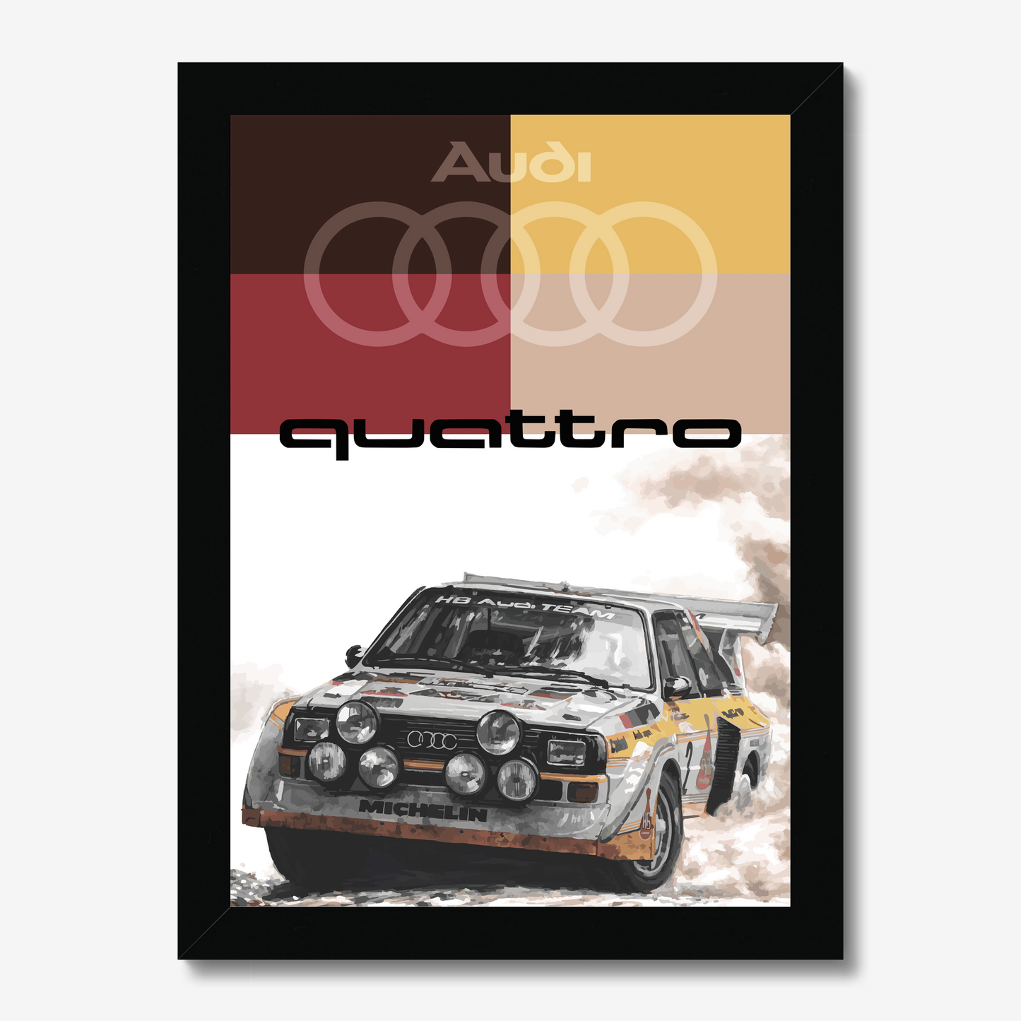 Tall black-framed Audi Quattro rally artwork