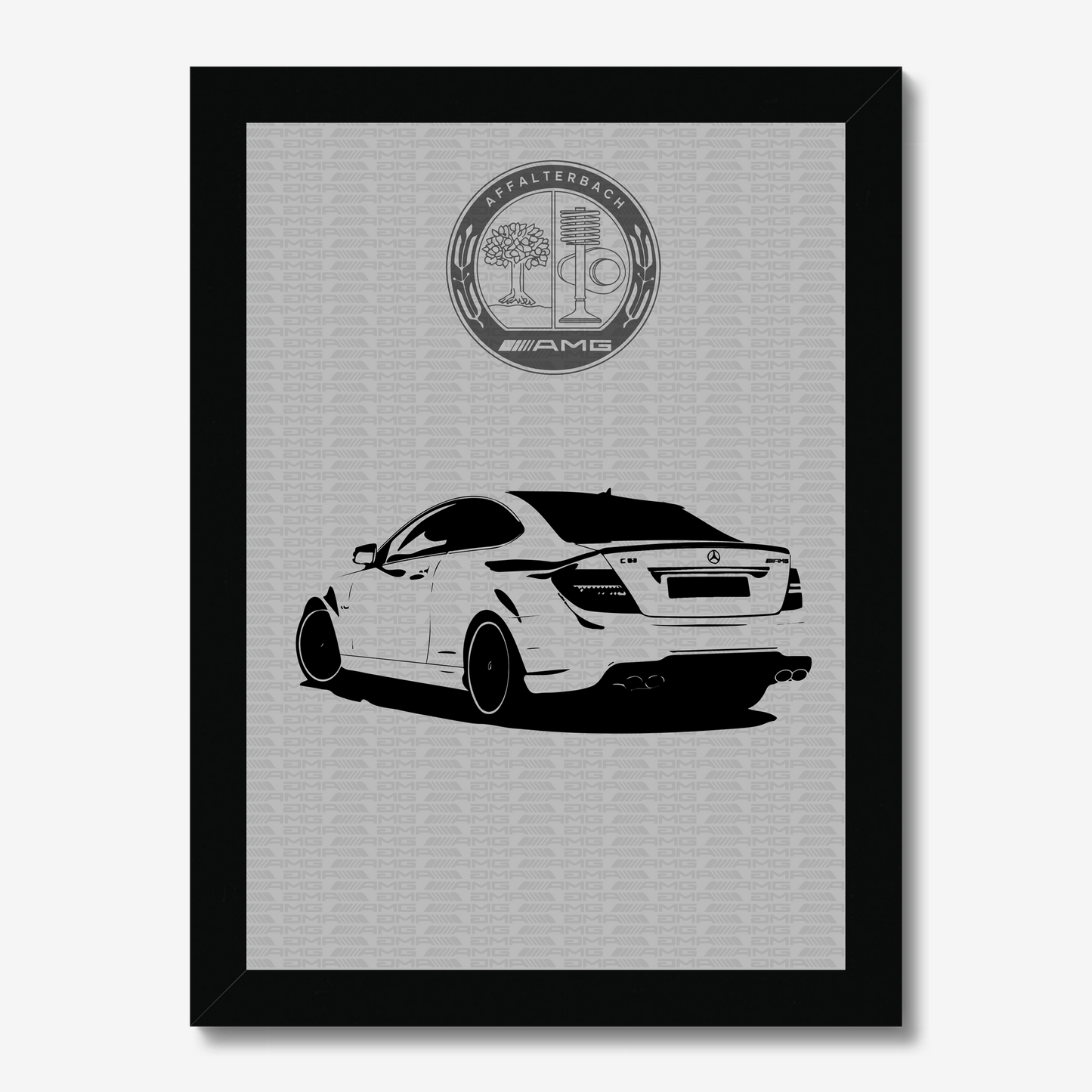 AMG sedan rear three-quarter portrait in a deep black frame
