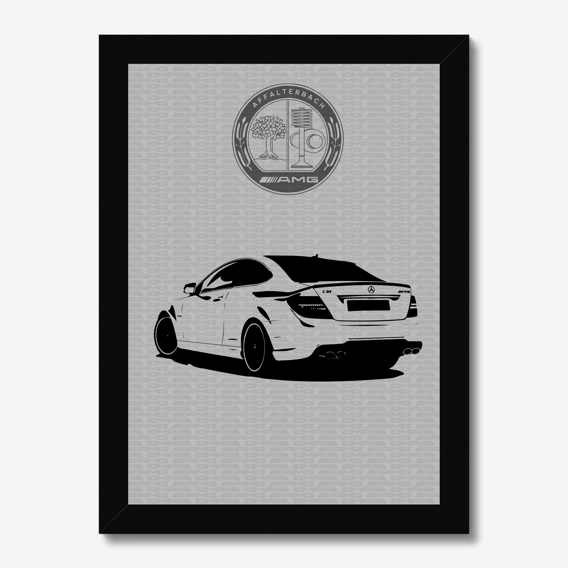 AMG sedan rear three-quarter portrait in a deep black frame