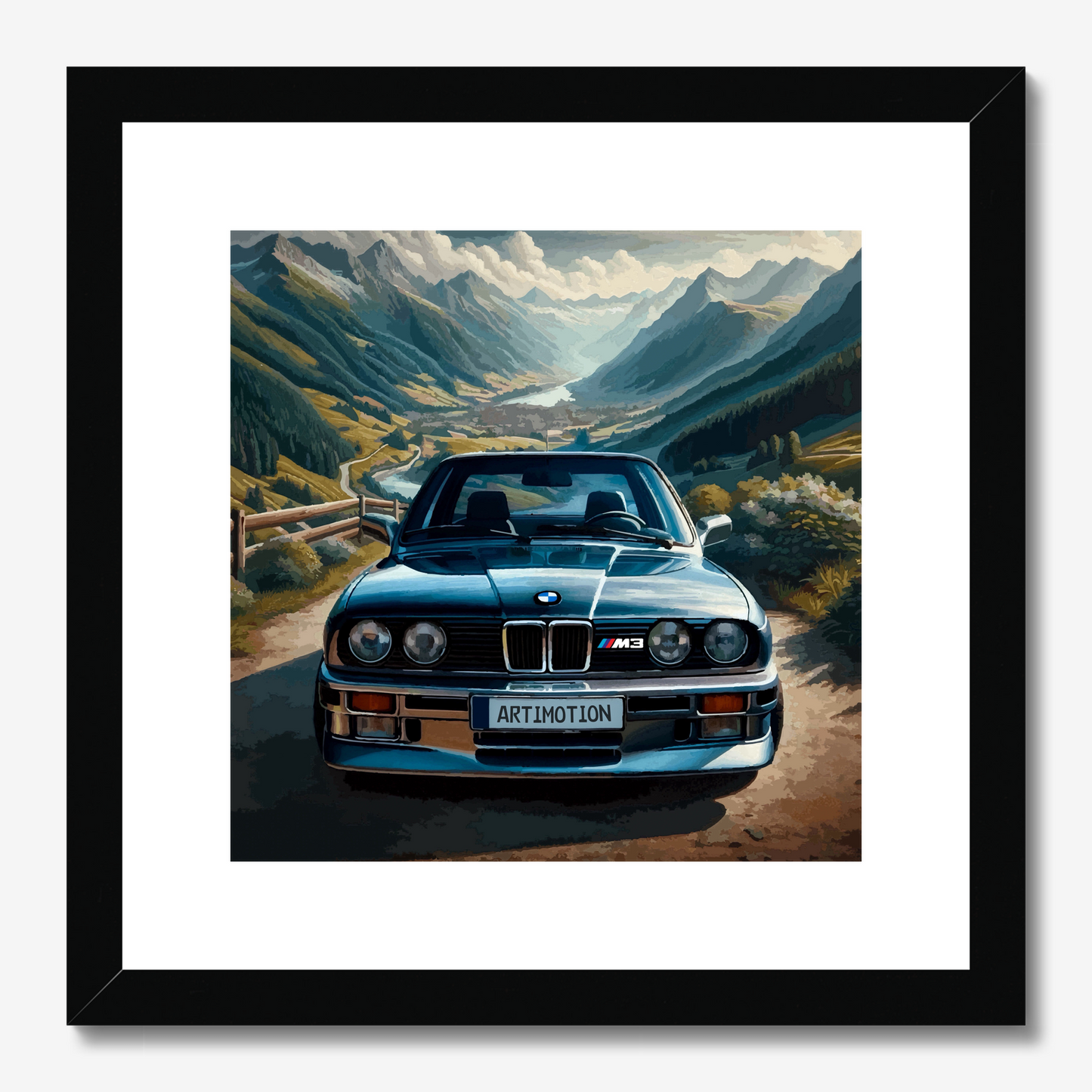 Compact black-framed BMW E30 M3 mountain print
