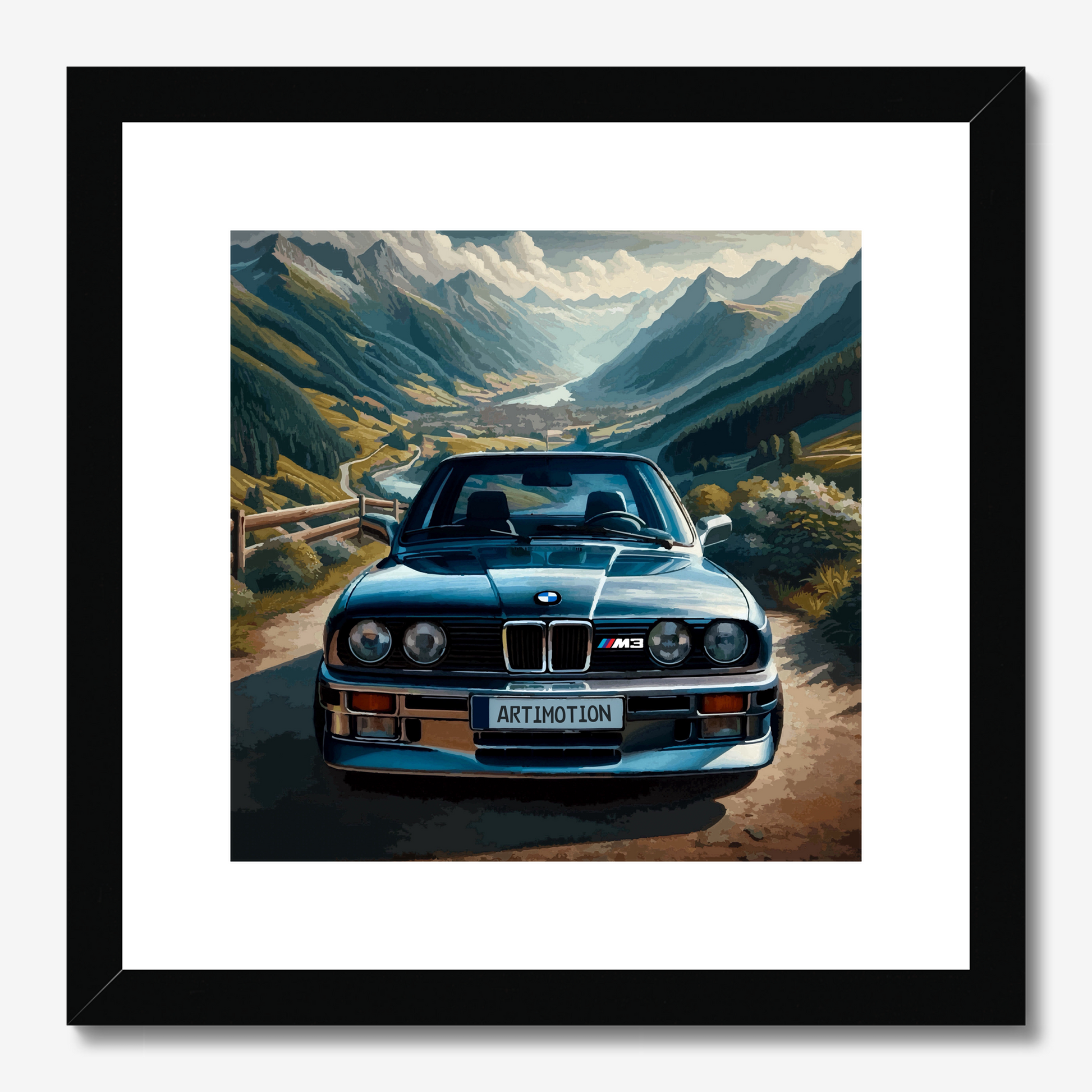 Compact black-framed BMW E30 M3 mountain print