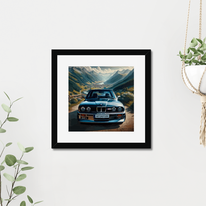 BMW E30 M3 mountain artwork beside hanging greenery