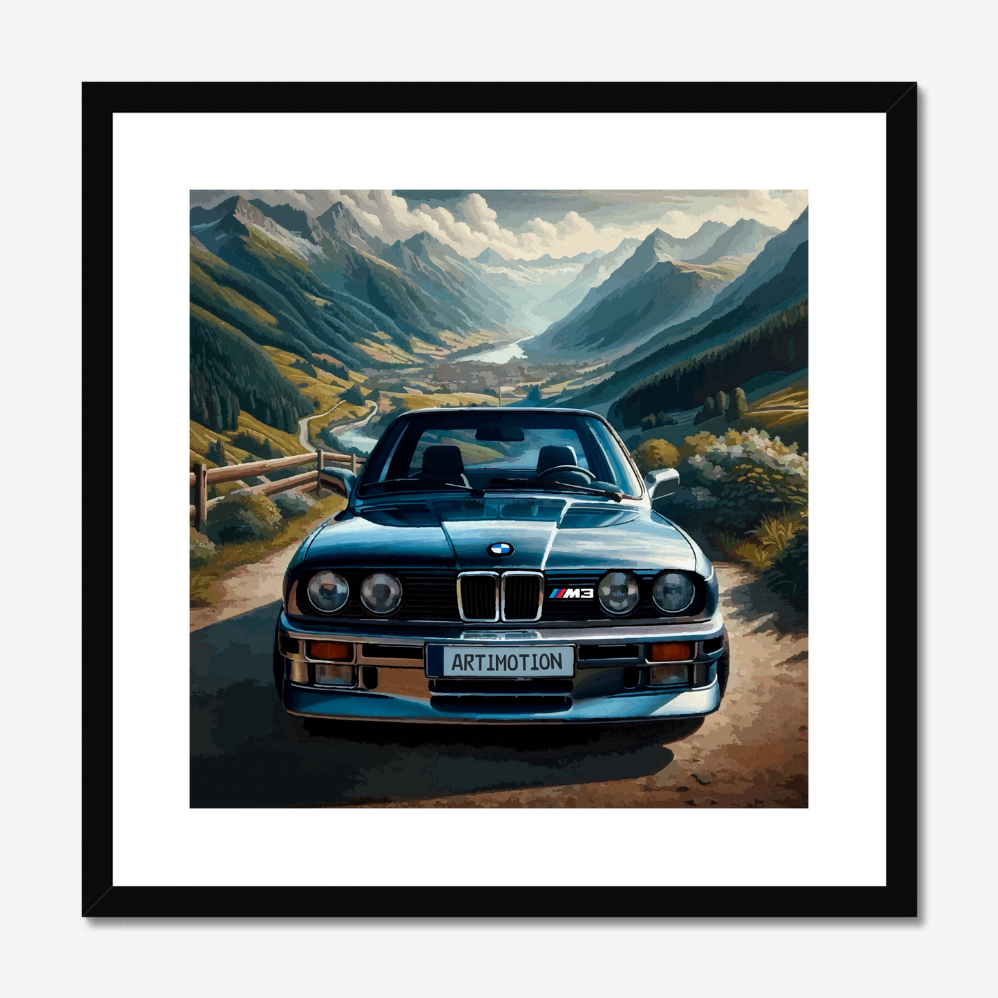 BMW E30 M3 mountain artwork in a square black frame