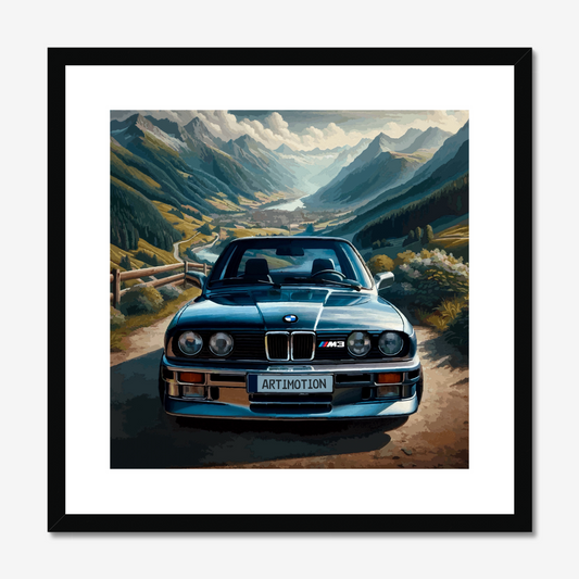 BMW E30 M3 mountain artwork in a square black frame