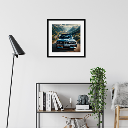 BMW E30 M3 mountain artwork above a modern shelf